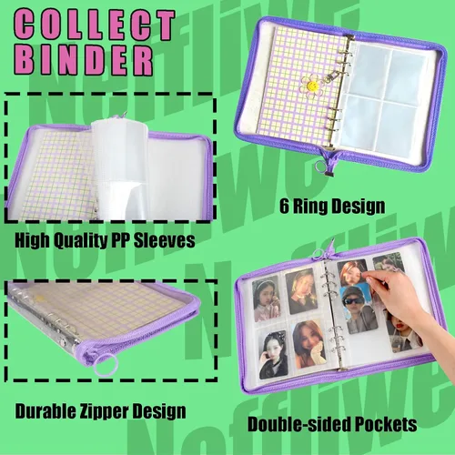 Miniatura 2 de Libro de 4 bolsillos para tarjetas fotográficas K-pop con 30 páginas interiores, 6 anillas, carpeta de tarjetas fotográficas A5, libro para Morado
