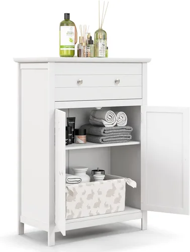 Miniatura 10 de COSTWAY Armario de suelo de baño, organizador de almacenamiento lateral de madera con cajón más grande, estante ajustable y armario de 2 puertas