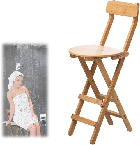 Miniatura 8 de Taburetes de bar plegables de bambú para el desayuno, taburete de cocina de 24 pulgadas/27 pulgadas con respaldo, silla alta de madera plegable
