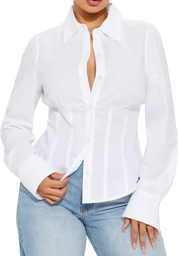 Camisa de manga larga con botones para mujer, blusa de cintura ceñida, casual y para la oficina