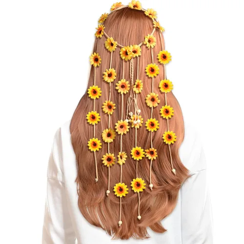Miniatura 6 de Sucrain 2 diademas hippie de flores, corona floral, accesorios para el cabello de girasol de verano para los años 70, estilo bohemio para mujeres