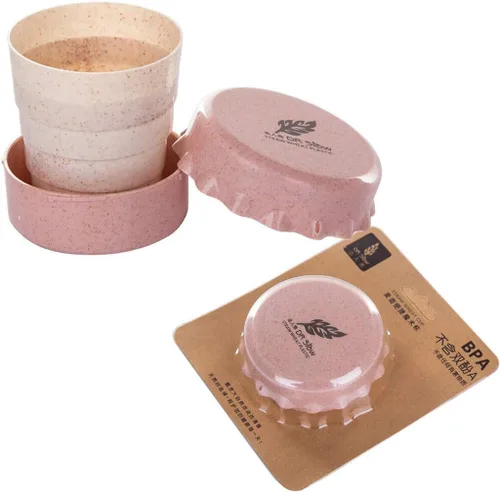 Miniatura 9 de Taza de camping plegable con tapa, plegable telescópica de trigo con paja, taza de agua plegable sin BPA para viajes al aire libre, color beige