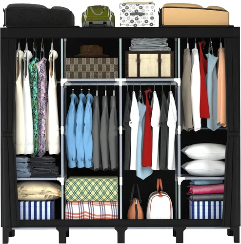Miniatura 10 de Armario portátil, caja de almacenamiento de ropa, armario simple para colgar ropa, múltiples estantes y 3 barras, 6 bolsillos laterales (negro)