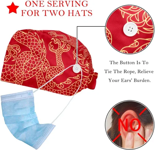 Miniatura 2 de 2 Pcs Womens Working Caps with Button Retro Love Red Rose Flower Pattern Lace-Up Hat Unisex Hair Covers One