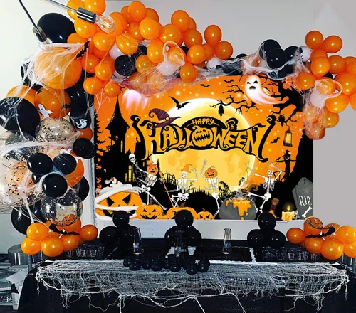 Miniatura 2 de Mocsick - Telón de fondo de Halloween para fotografía, noche naranja, luna, decoración de fiesta de Halloween, truco o trato, calavera, calabaza