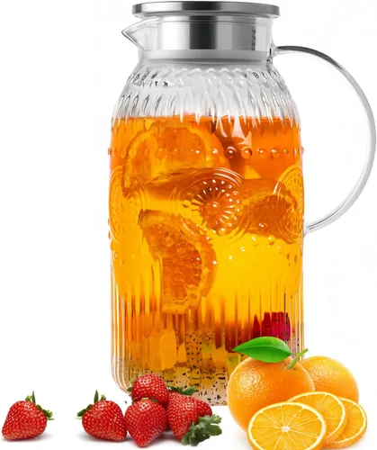 Miniatura 10 de Bandesun Jarra de vidrio con tapa, 68 onzas/2 litros, paquete de 2 jarras de agua vintage, jarra de agua de vidrio para preparación fría, café
