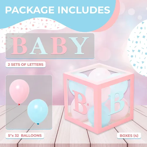 Miniatura 3 de Cajas de baby shower con letras - Cajas rosas y azules con globos rosas y azules - Juego de 44 piezas para revelación de género y decoración