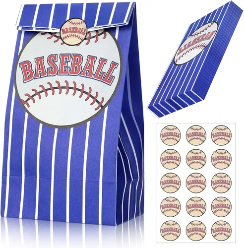 Outus 30 bolsas de regalo de béisbol, bolsas de papel azules con calcomanías para fiestas temáticas de equipo, decoración de cumpleaños, celebración