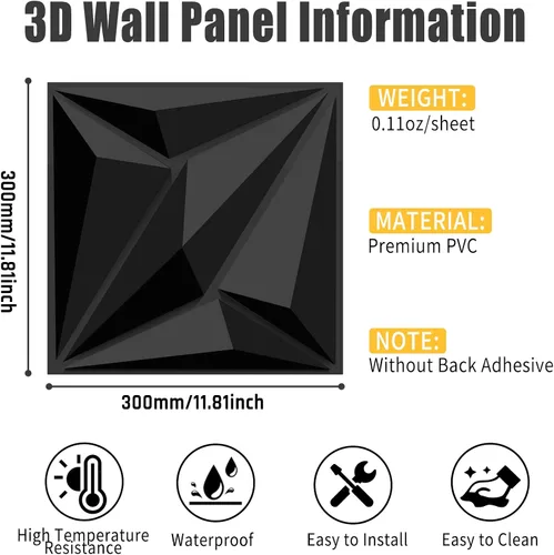 Miniatura 2 de Paneles decorativos de pared 3D, paquete de 33 azulejos texturizados de PVC de 12 x 12 pulgadas, color negro, cubre 33 pies cuadrados, arte de pared