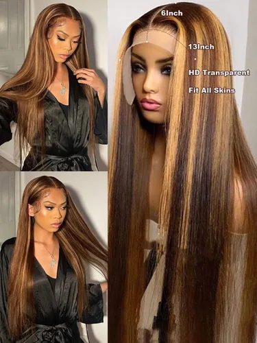 Miniatura 9 de Ladoux Pelucas de cabello humano lacio con reflejos degradados de 13 x 6 pulgadas, encaje frontal transparente HD, 14 pulgadas, densidad del 180%