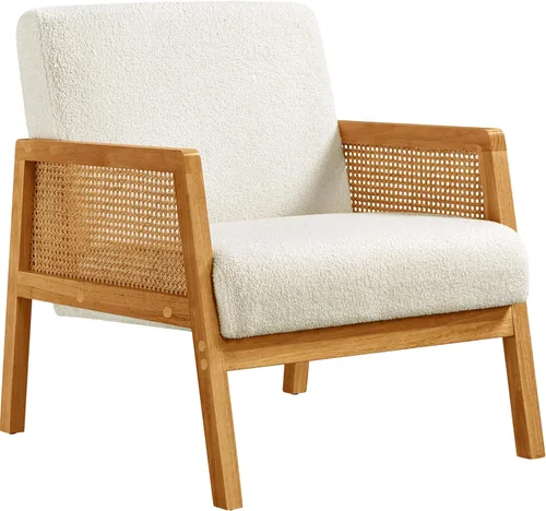 Miniatura 12 de Yaheetech Silla decorativa, sillón moderno de ratán, cómoda silla de lino con patas de madera para sala de estar, dormitorio, sala de lectura, Beige