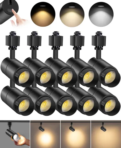 VANoopee Paquete de 10 cabezales de iluminación LED de pista de 3 colores con zoom de 10 W, cabezales de luz de riel tipo H, regulables, brillantes,