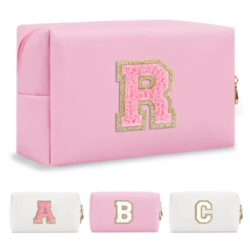 Miniatura 206 de Pequeña bolsa de maquillaje personalizada con inicial A-Z Preppy Patch, bolsa de cosméticos de viaje de felpilla blanca con cremallera, bonita bolsa