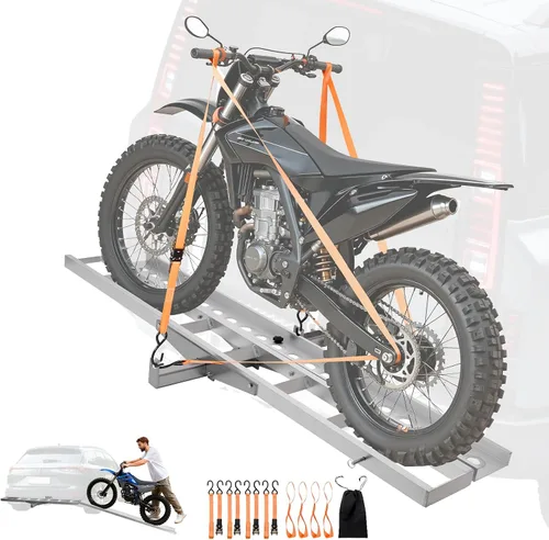 Miniatura 11 de VEVOR Portabicicletas, 2 bicicletas de 600 libras, soporte de enganche de motocicleta de aluminio, rampa de carga, transportador de remolque de moto