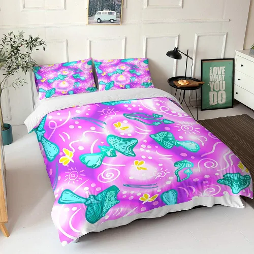 Miniatura 11 de Juego de funda de edredón psicodélico de fantasía con diseño de hongos psicodélicos, galaxia, verde cielo, morado, diseño de hongos estrellados, #1