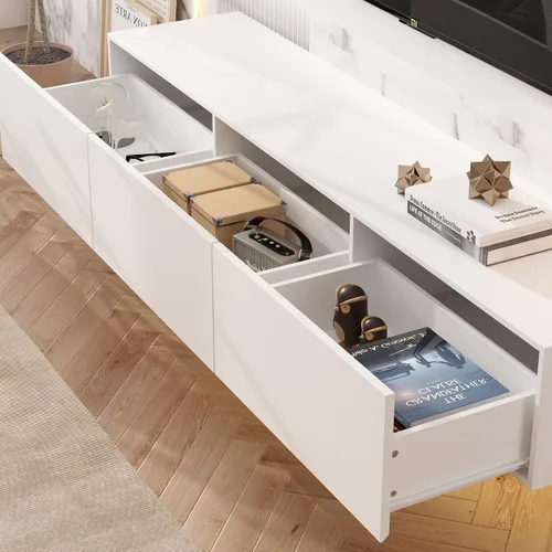 Miniatura 2 de AIEGLE Soporte flotante para TV montado en la pared, centro de entretenimiento de alto brillo con 3 cajones y luces LED de 16 colores, estante