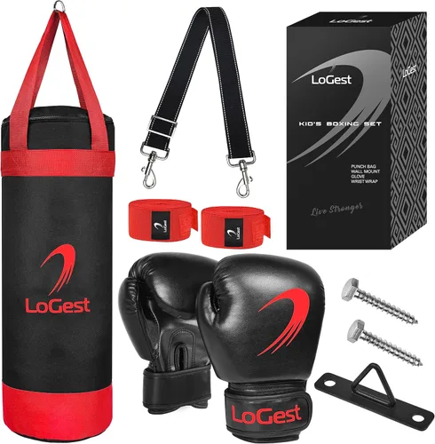 LoGest Juego de saco de boxeo para niños, adecuado para sacos de boxeo para niños de 3 a 8 años de edad, guantes de boxeo y vendas de mano Rojo