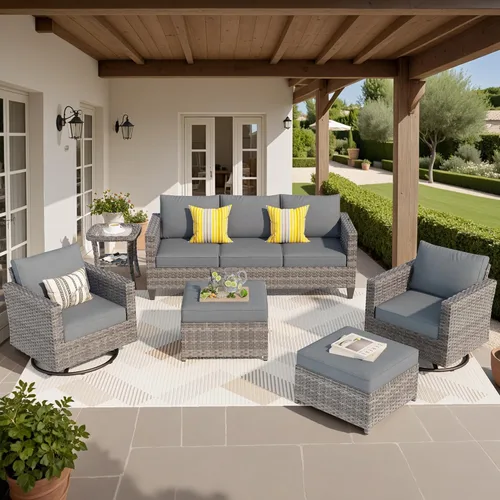 Miniatura 24 de ovios Juego de muebles de patio de 8 piezas, sofá de mimbre para exteriores con sillas giratorias, mecedora con cojines cómodos, juego de Beige