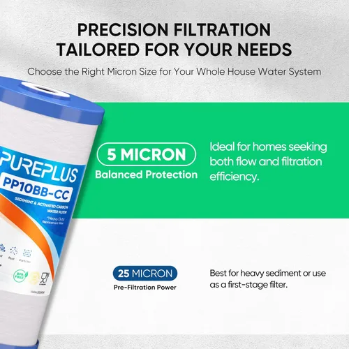 Miniatura 3 de PUREPLUS Cartucho de repuesto para filtro de agua de carbono y sedimentos FXHTC para toda la casa, de 5 micrones, de 10 x 4.5 pulgadas
