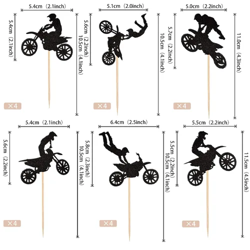 Miniatura 2 de 24 piezas de adornos para magdalenas de motocicleta, con purpurina negra, motocross, fiesta de motocross, para deportes, tema de motocross