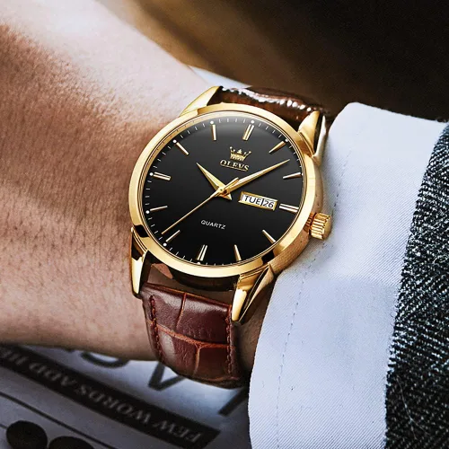 Miniatura 3 de OLEVS Reloj para hombres cronógrafo marrón cuero oro caso analógico cuarzo moda negocios vestido grande hombres reloj día fecha luminoso impermeable