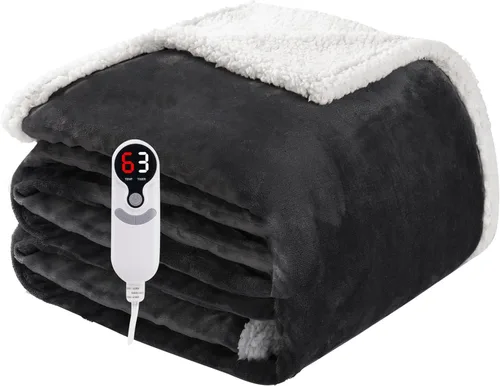Manta térmica eléctrica tamaño matrimonial de 72 x 84 pulgadas, franela suave con protección contra sobrecalentamiento, 9 ajustes de calor 06-gris
