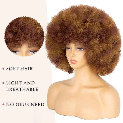 Miniatura 2 de Peluca afro de los años 70 para mujer, peluca rizada afro corta de color marrón mixto, peluca sintética sin pegamento con flequillo, peluca afro