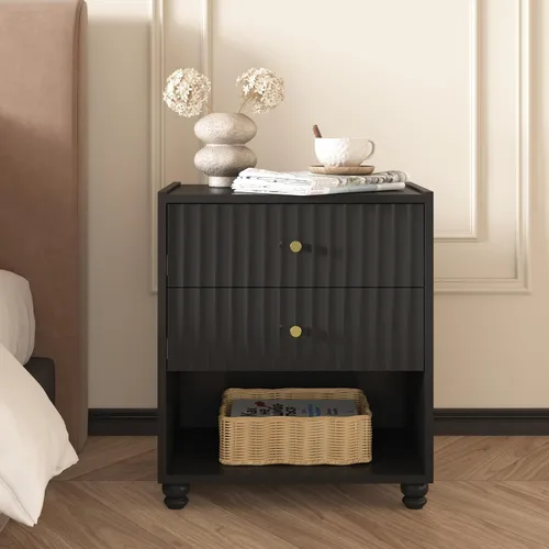 Miniatura 3 de Moderna mesita de noche, mesa auxiliar acanalada con 2 cajones, mesita de noche con estante abierto para dormitorio (1, negro)