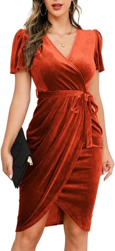 IHOT Vestido sexy de terciopelo cruzado con cuello en V para mujer, manga corta, fruncido, vestido de fiesta de cóctel