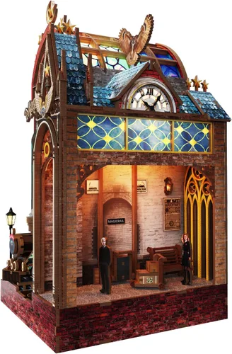 Miniatura 9 de Kit de rincón de libros, estante en miniatura para casa con luces LED y música, rompecabezas de madera 3D de estación de tren retro para adultos