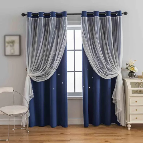 Anytime - Cortinas románticas para niños, cortina de ventana con estrellas recortadas, cortinas opacas de doble capa para dormitorio de niñas, Azul