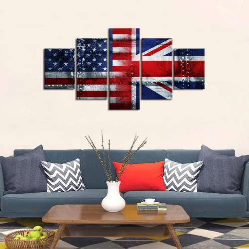 Miniatura 4 de Arte de pared de concepto patriótico, pintura de bandera estadounidense y británica, lienzo de estrellas y rayas, 5 paneles, arte moderno americano
