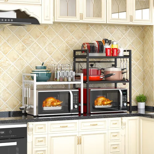 Miniatura 6 de PUSDON Estante para horno de microondas, estante ajustable resistente de 3 niveles con 3 ganchos para organizador de encimera de cocina, con Negro