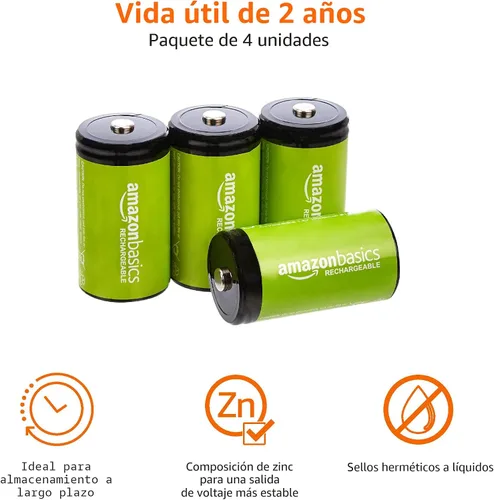 Miniatura 4 de Amazon Basics Baterías recargables de celda D, paquete de 4, NiMH, 10000 mAh, recarga hasta 1000 veces y precargadas