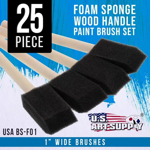 Miniatura 2 de US Art Supply - Juego de pinceles de pintura de espuma de 1 pulgada con mango de madera (paquete de valor de 25) - Ligeros, duraderos e ideales