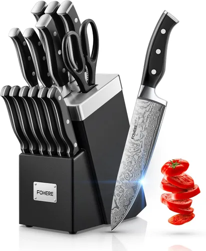 FOHERE - Juego de 14 cuchillos autoafilables, juego de cuchillos de acero inoxidable de alto carbono con patrón ondulado con bloque, cuchillos de