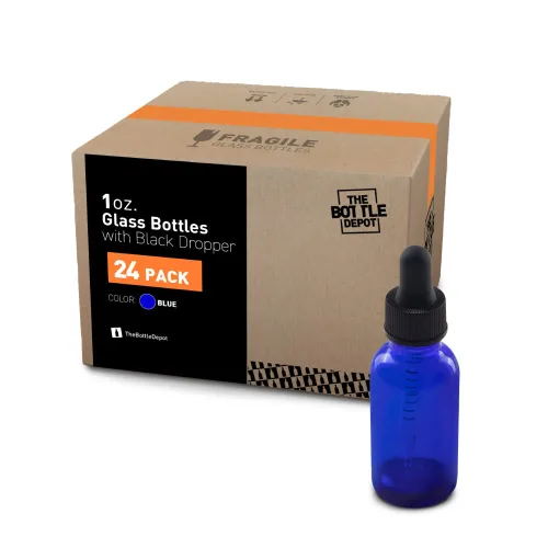 Miniatura 2 de The Bottle Depot - Paquete de 24 - Botella de vidrio de 1 oz con cuentagotas - Azul - Acabado de cuello 20-400 - Botellas redondas Boston