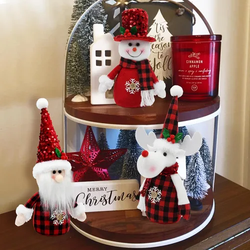 Miniatura 5 de Decoraciones navideñas de búfalo rojo para interiores, 3 piezas de muñeco de nieve de Navidad rojo, Papá Noel y reno, bandeja escalonada de felpa