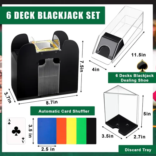 Miniatura 3 de Aoriher Juego de Blackjack Casino, incluye 300 fichas de póquer, fieltro de casino, 1 barajador automático de tarjetas de 6 barajas, bandeja de Verde