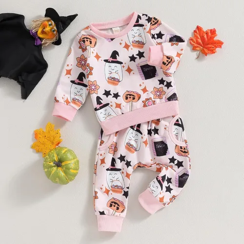 Miniatura 3 de Kayotuas Conjunto de sudadera de manga larga con estampado de arco de calabaza y esqueleto para bebé de Halloween, para otoño