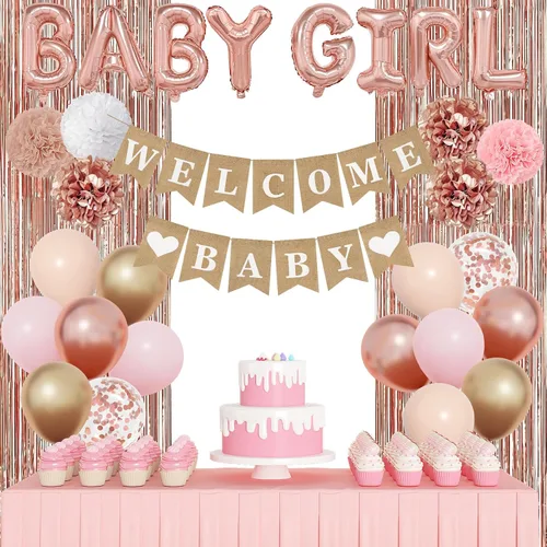 Miniatura 2 de Ouddy Party Decoraciones de Baby Shower Oro Rosa para Niña con Pancarta Welcome Baby Niñas Bebés Globos de Papel de Aluminio Oro Rosa Rosa Dorado