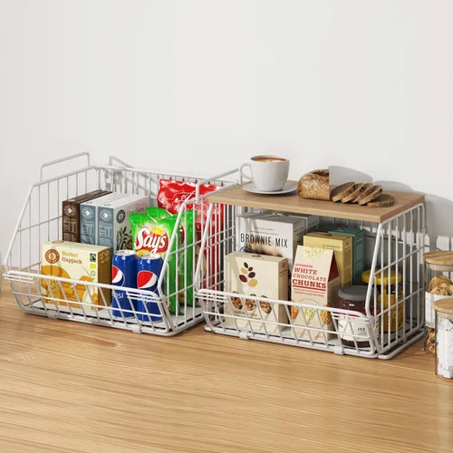Miniatura 2 de Cesta de frutas apilable de 2 niveles para montar en la pared, cesta de frutas con tapa de madera, organización y almacenamiento de despensa