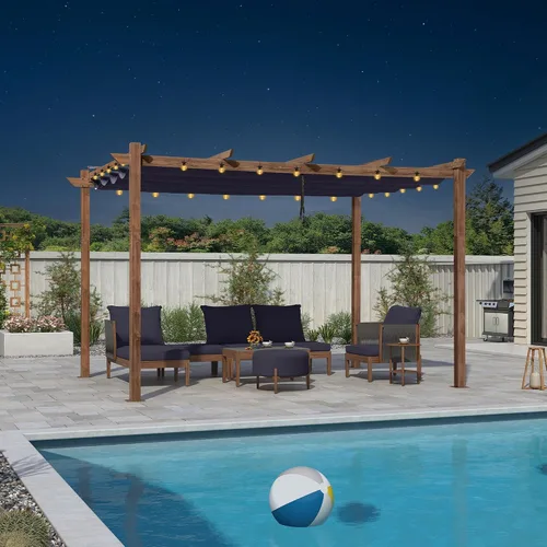 Miniatura 20 de PURPLE LEAF Pérgola retráctil para exteriores de 10 x 10 pies con toldo, refugio de metal para patio, jardín, pabellón, marco de grano de madera