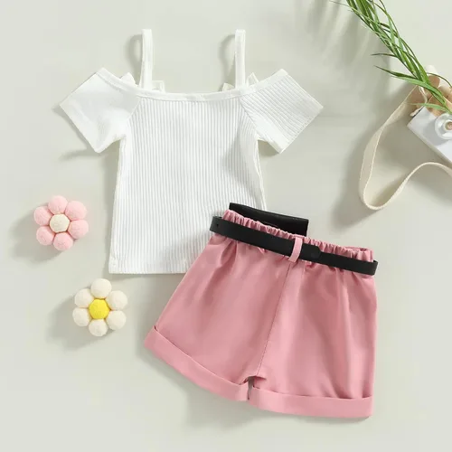 Miniatura 58 de TheFound Trajes de verano para niñas pequeñas, sin mangas, de punto acanalado, halter, pantalones cortos, ropa para recién nacidos, conjunto de 3