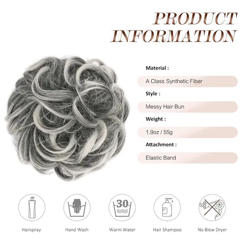 Miniatura 2 de FESHFEN Piezas de pelo de moño desordenado - Extensiones grandes de coleta elásticas onduladas y rizadas, coleteros sintéticos para chignon