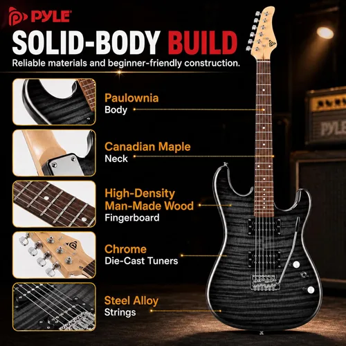 Miniatura 6 de Pyle Kit de guitarra eléctrica con amplificador, instrumento de tamaño completo con pastillas Humbucker, amplificador de guitarra eléctrica y Negro
