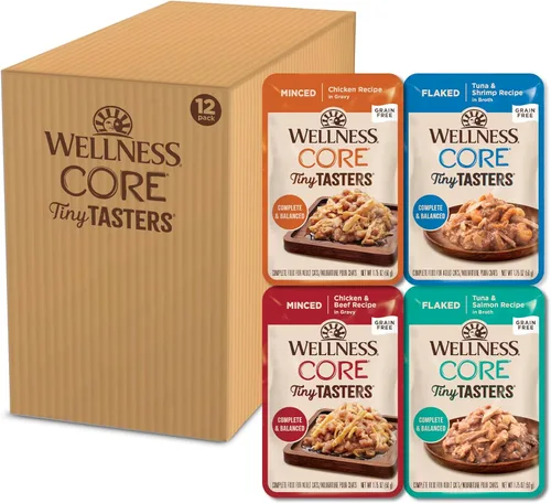 Miniatura 12 de Wellness CORE Tiny Tasters - Alimento húmedo en paté para gatos adultos, natural, rico en proteínas, sin granos, bolsa de 1.75 onzas, paquete de 12