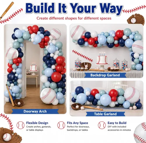 Miniatura 7 de FunHot Kit de guirnalda de arco de globos de béisbol, guirnalda de globos azul marino y rojo con globos blancos, globos de papel de aluminio