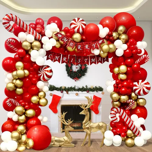 Miniatura 5 de DBKL Kit de arco de guirnalda de globos de Navidad, 153 piezas con globos de Navidad, rojo, dorado y blanco, globo de aluminio de bastón de caramelo