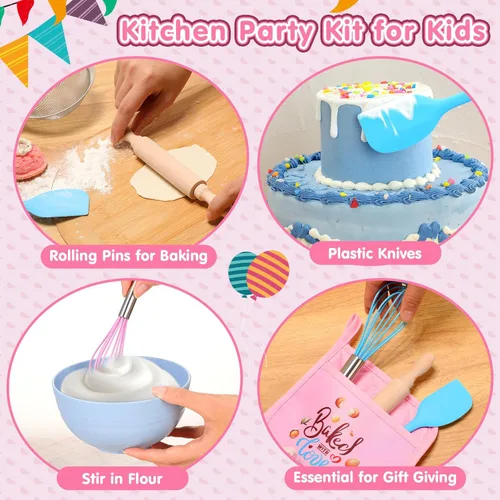 Miniatura 3 de RoundFunny 24 piezas de mini suministros para hornear para niños con utensilios de cocina, soportes para ollas, espátula, rodillo, batidor